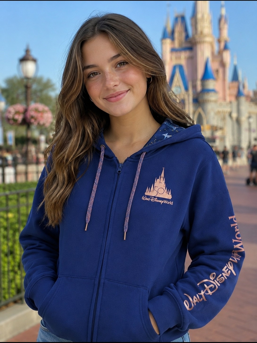 Disney World 50th Anniversary Navy Blue Zip Hoodie with Rose gold Accents